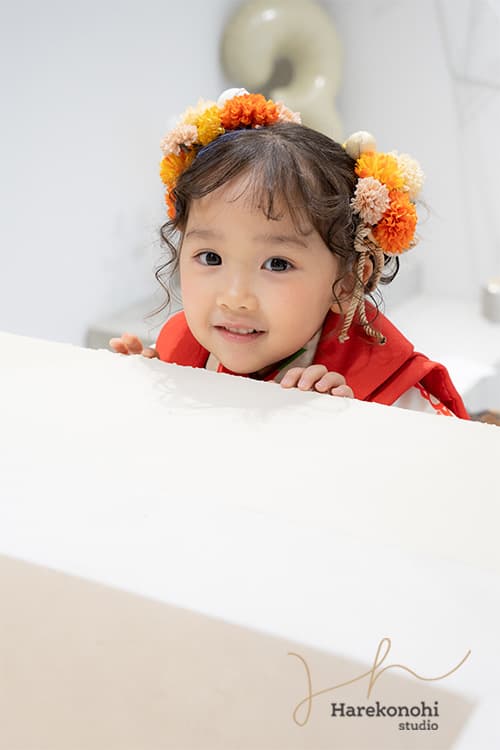 七五三　女の子　3歳　ヘアアレンジ　髪型　ツインシニヨン　お団子　ドライフラワー　髪飾り　和装