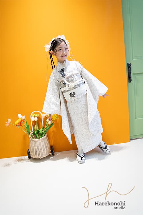 七五三　女の子　7歳　ヘアアレンジ　髪型　ダブル三つ編み　　リボン　ポップ　和装